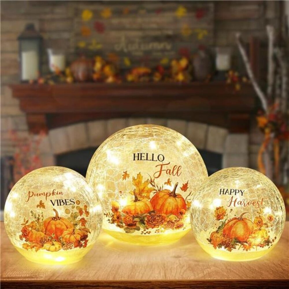 NEEDOMO Fall Table Decor, Set of 3 Sparkling Crackle Glass Ball with LED Lights